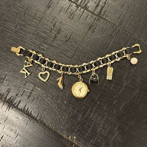 Anne Klein Charm Watch Bracelet Heart Black Ribbon Logo Bag Shoe Cell Gold​